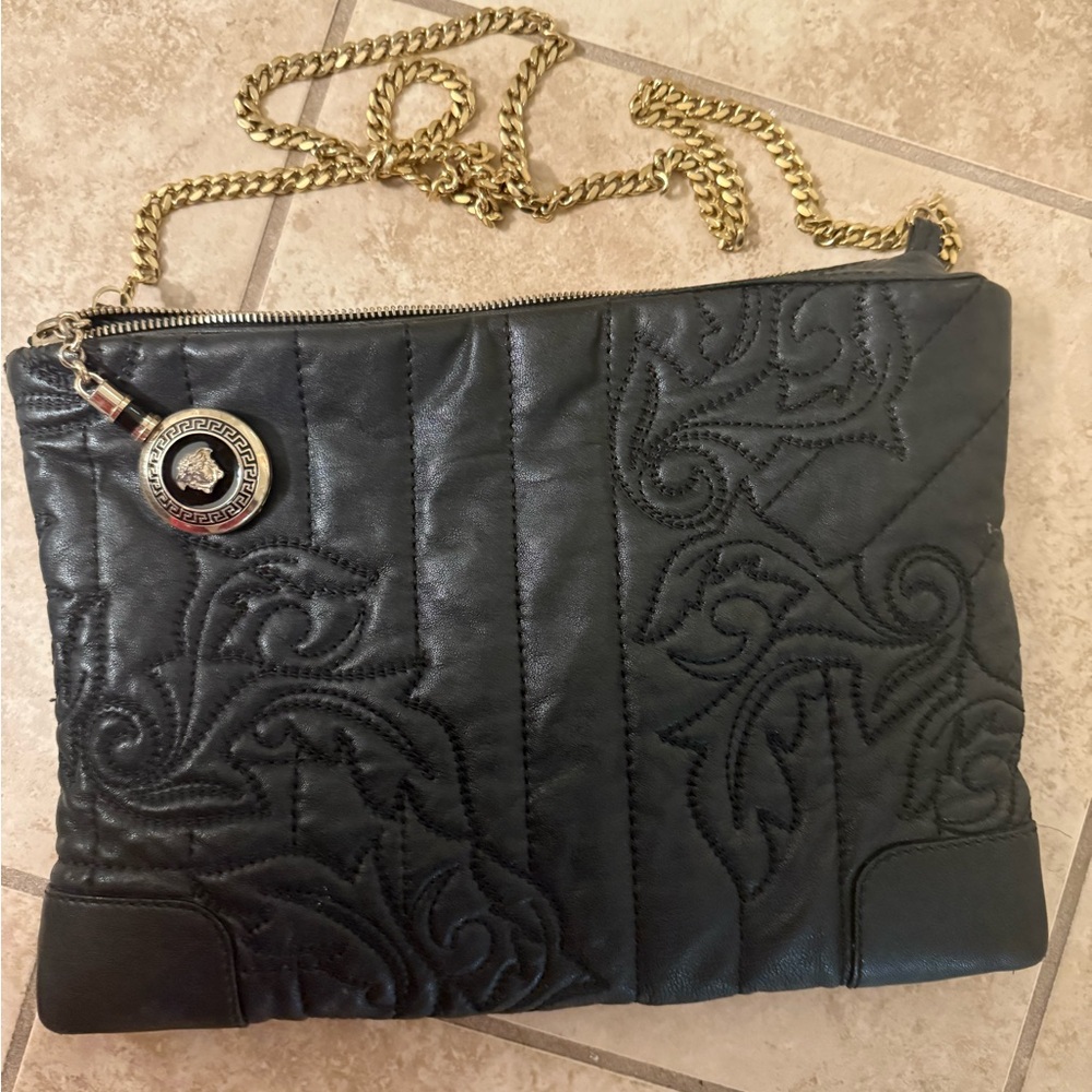 Black Quilted Leather Bag with Gold Chain
